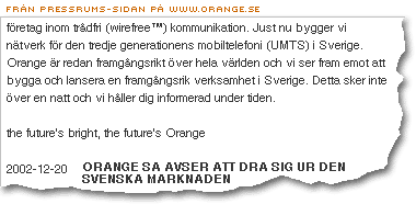 Pressmeddelandet "Orange lämnar Sverige" under "vi bygger en verksamhet i sverige"